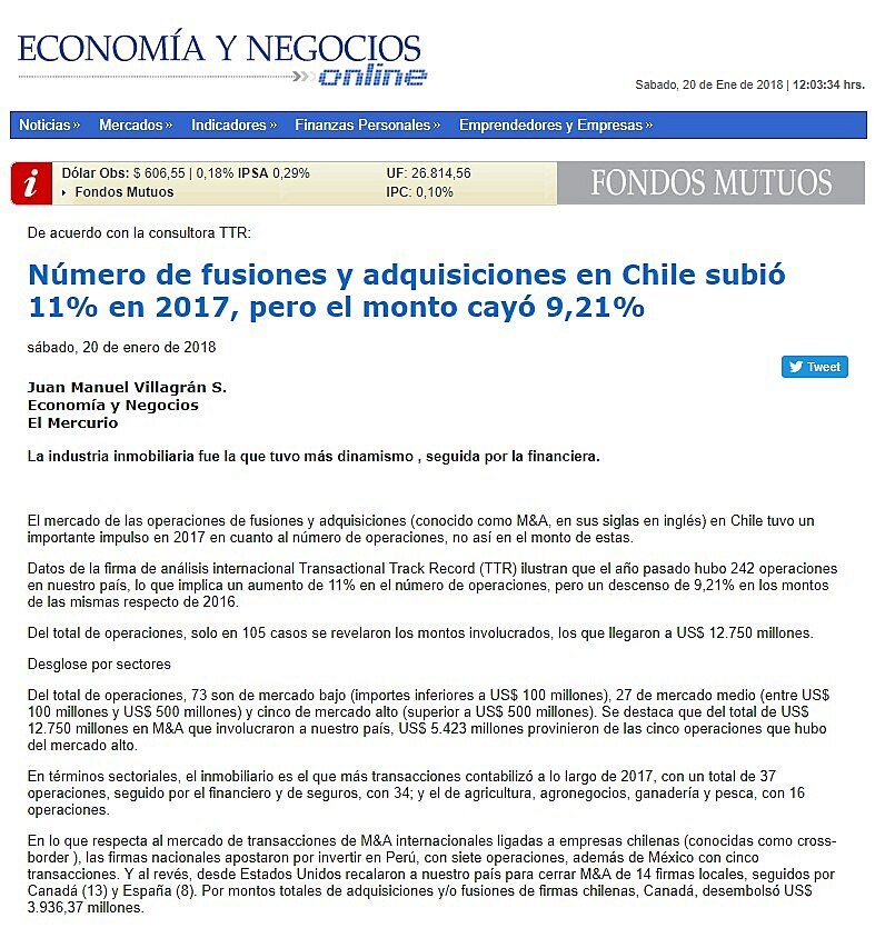 Nmero de fusiones y adquisiciones en Chile subi 11% en 2017, pero el monto cay 9,21%